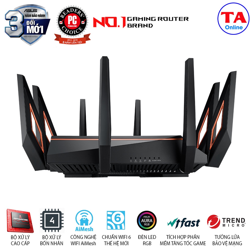 WiFi ASUS GT AX11000 Bộ phát ROG RAPTURE Ba băng tần Chuẩn AX tốc độ 11000Mbps Chuyên dành cho Gaming
