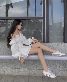 🌟Đầm Trắng Rớt Vai Tay Bo( Có Đệm Ngực)