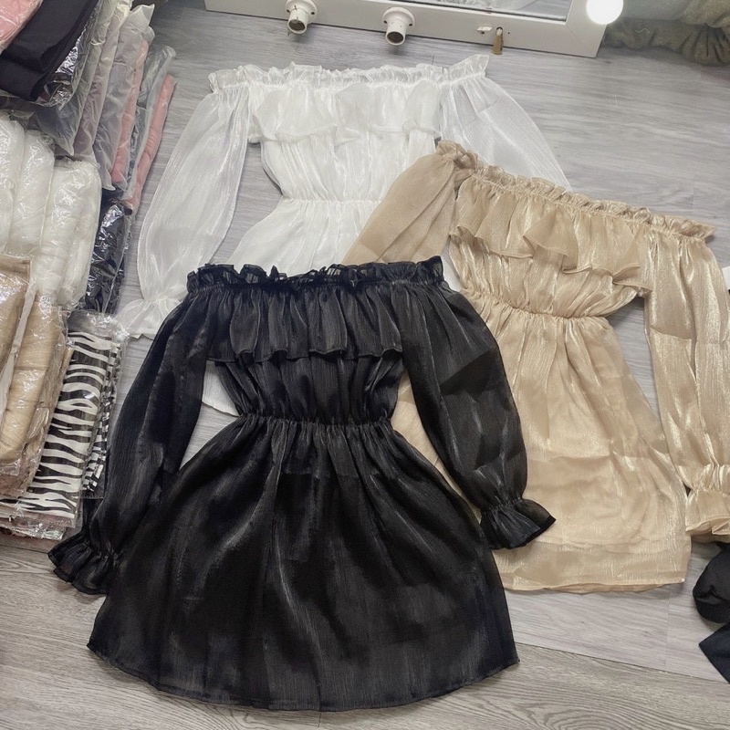 Áo trễ vai tay phồng vải tơ lụa 2 lớp, áo babydoll nữ bánh bèo tiêu thư dài tay