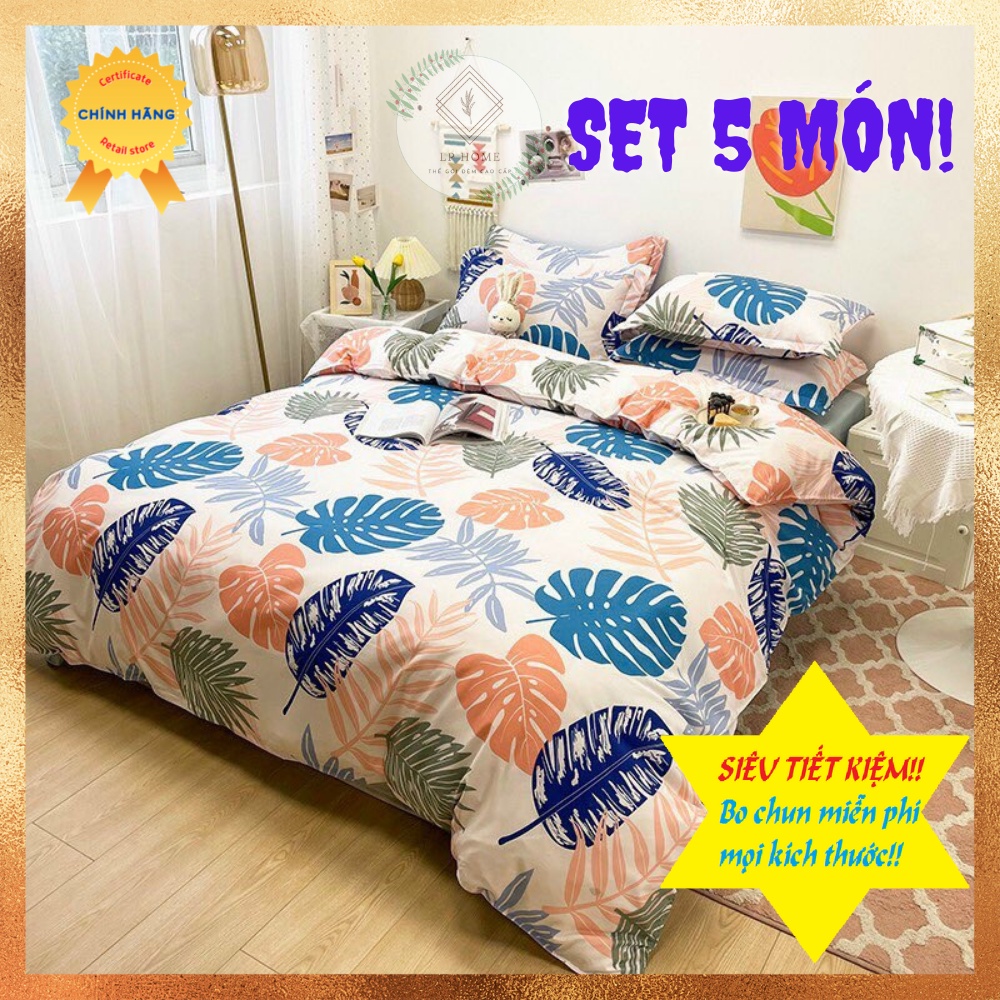 (Tặng vỏ gối ôm) Bộ chăn ga gối Poly Cotton Lá Dương sỉ cao cấp màu sắc tươi mới - Miễn phí bo chun