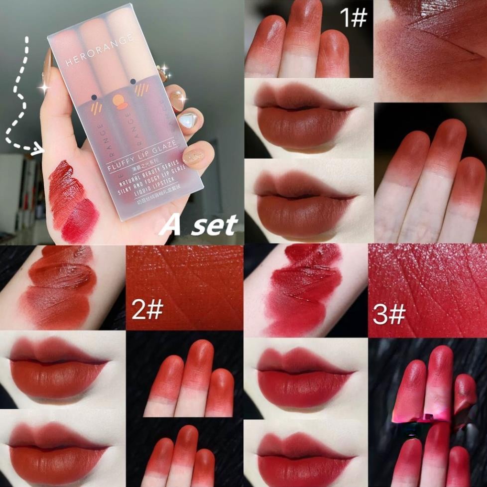 Son nội địa trung quốc 💕𝑭𝒓𝒆𝒆𝒔𝒉𝒊𝒑💕 Set 3 cây kem lì Herorange Fluffy Lip Glaze dưỡng môi chính hãng có màu A&B. | BigBuy360 - bigbuy360.vn