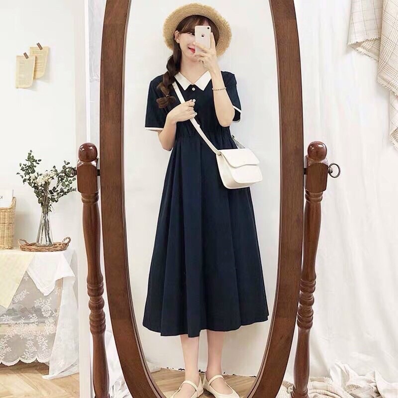 ĐẦM MIDI DÀI BO EO XINH XẮN  VÁY DÀI TIỂU THƯ PHỐI NÚT ĐI CHƠI SIÊU XINH (Ms: TB09)