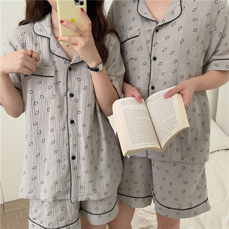 [ORDER] Đồ ngủ vải xô muslin họa tiết mặt cười nhiều màu cho cặp đôi mùa hè ulzzang