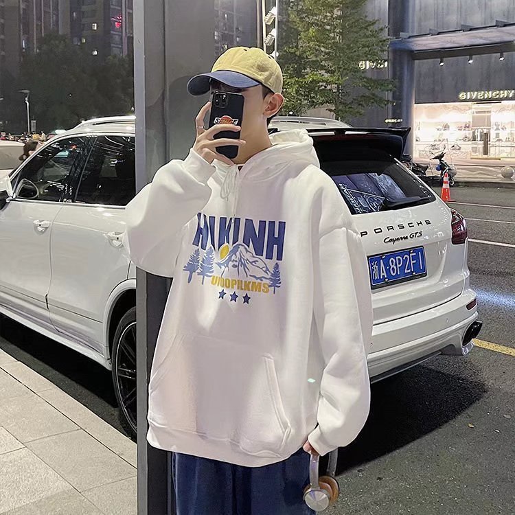 Áo hoodie tay dài dáng rộng in chữ phong cách đường phố Nhật Bản size M-3XL