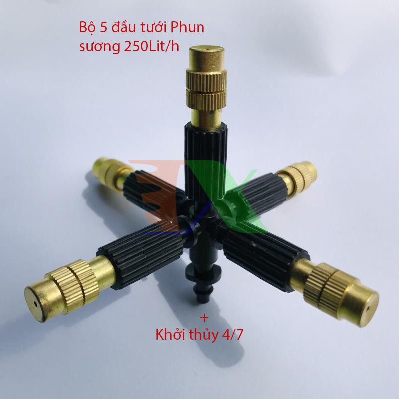 Bộ 5 đầu tưới Phun sương bằng đồng 250Lit/h + Khởi thủy 4/7mm