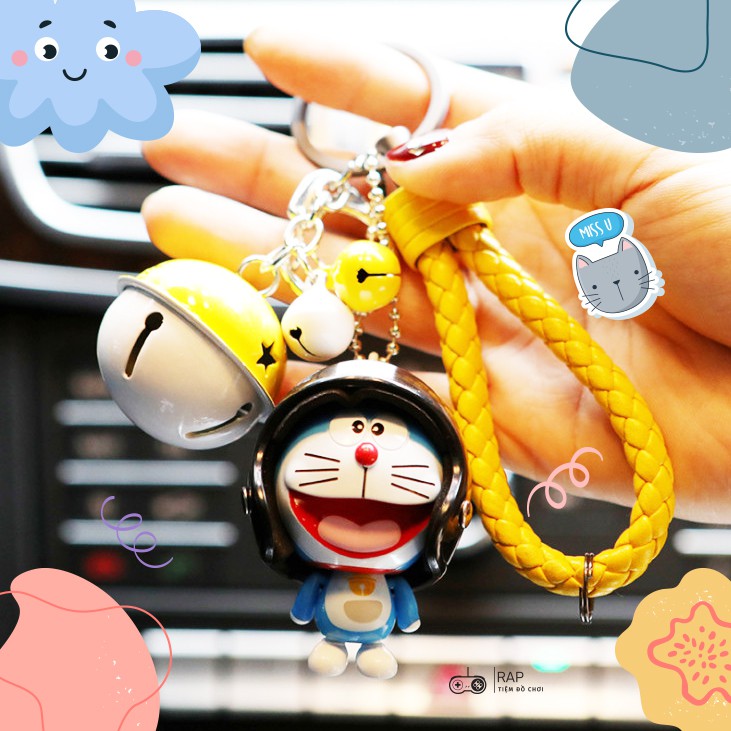 Móc khóa hoạt hình Doraemon đội mũ bảo hiểm dễ thương dùng làm quà tặng, dây treo balo túi xách ví cầm tay  - Ráp
