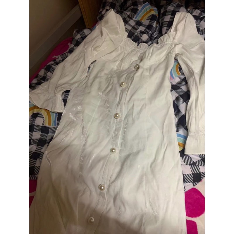 Váy trắng cổ vuông tay dài loe cúc ngọc dáng dài vintage [Ảnh thật 3-9] | BigBuy360 - bigbuy360.vn