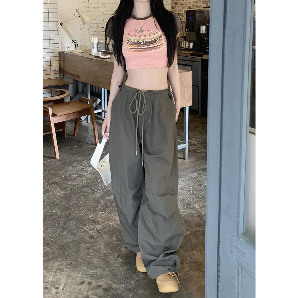 Áo Thun Ngắn Tay / Quần Yếm Dây Rút Dáng Rộng In Họa Tiết Retro Thời Trang Nữ Cá Tính 61804