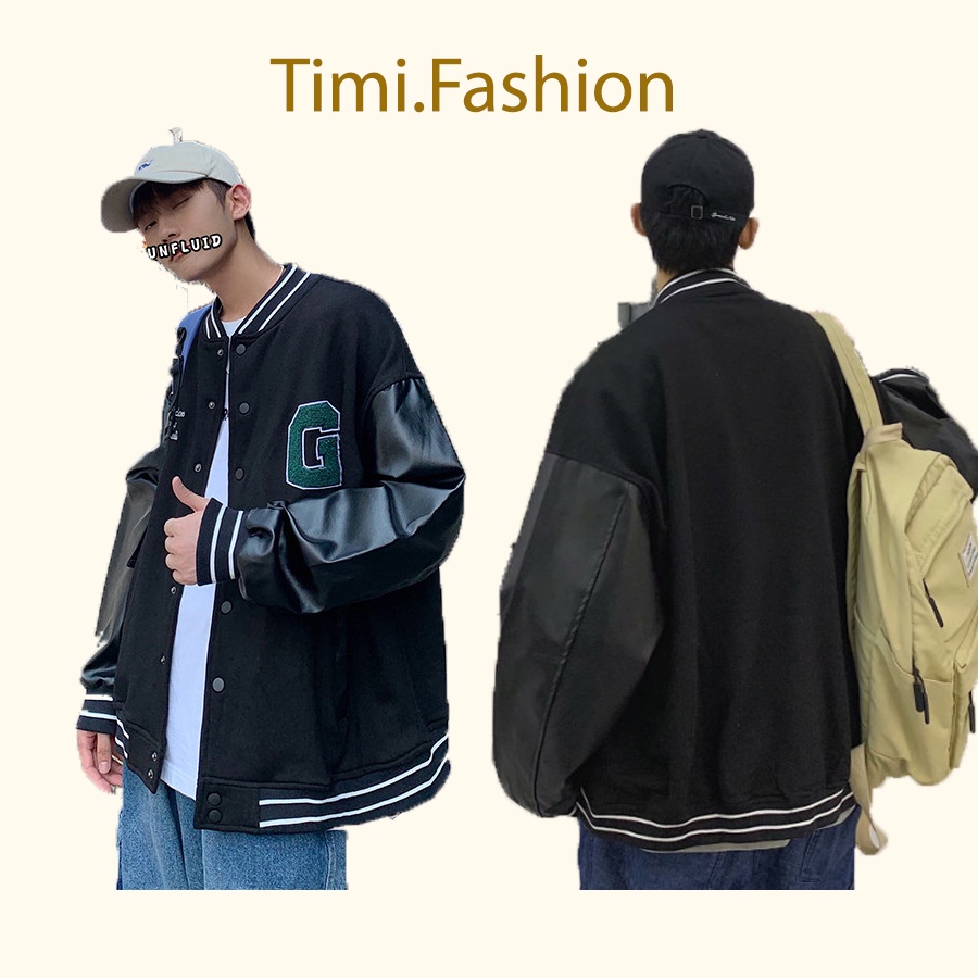 Áo khoác bomber Varsity Jacket thêu họa tiết chữ G vải nỉ phối tay da, áo khoác bomber bóng chày nam nữ unisex form rộng