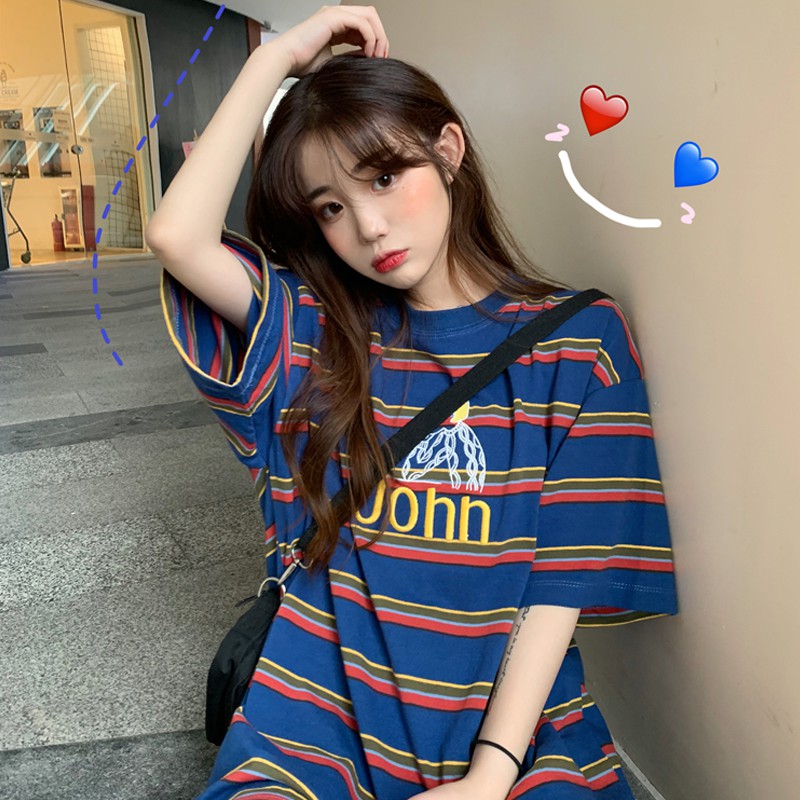 bỏ (HÀNG ORDER) Áo thun sọc ngắn tay màu xanh nữ 2019 phong cách Hàn Quốc freesize