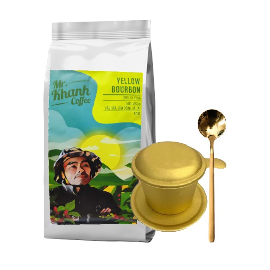 [ Mùa mới] Cà Phê Yellow Bourbon Võ Khanh Cầu Đất Arabica 100% K Phiêu (Túi 500g)- Tặng Phin và muỗng inox vàng óng ánh