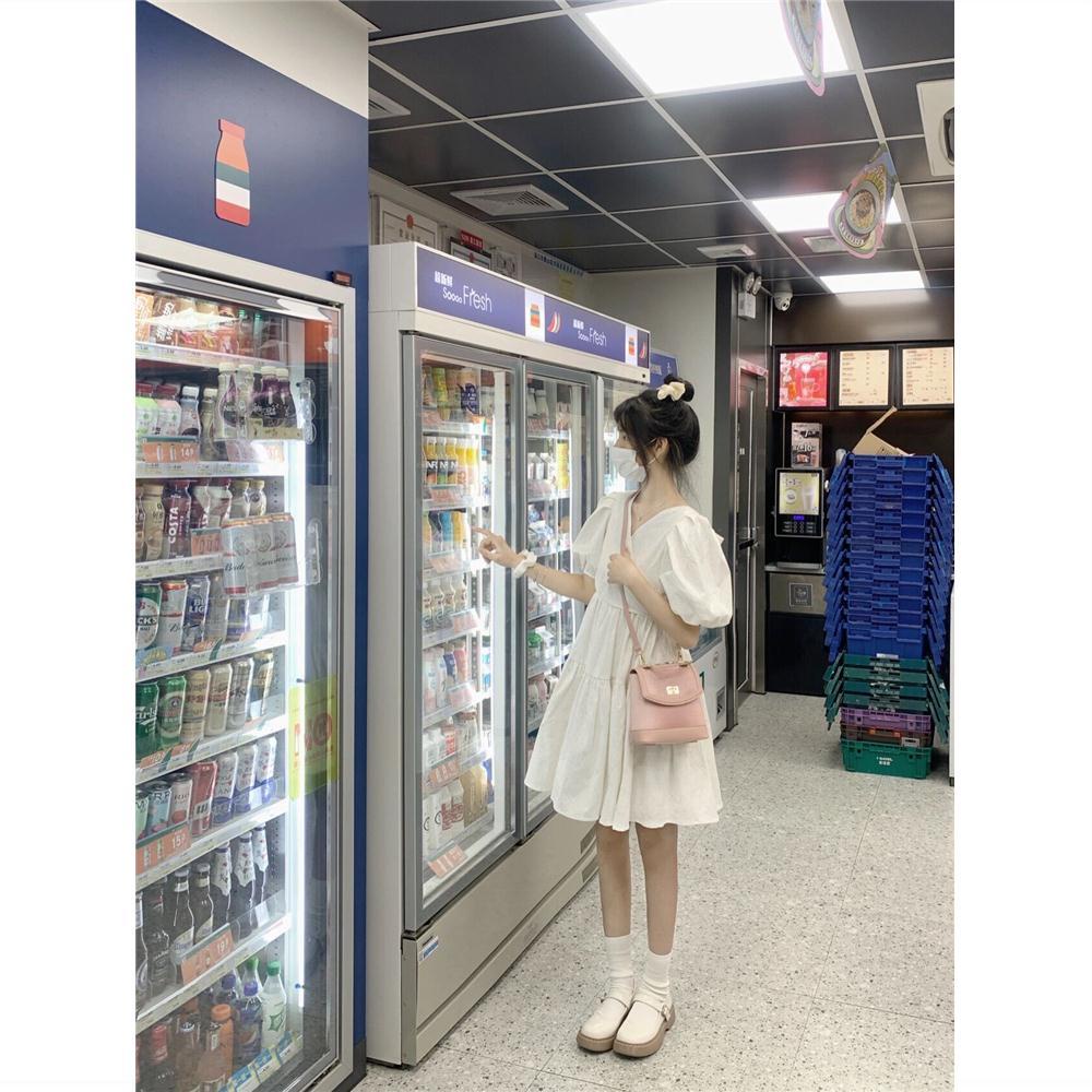 Đầm Trắng Tay Phồng Cổ Chữ V Thắt Nơ Phong Cách Retro Hàn Quốc Thời Trang Mùa Hè Cho Nữ