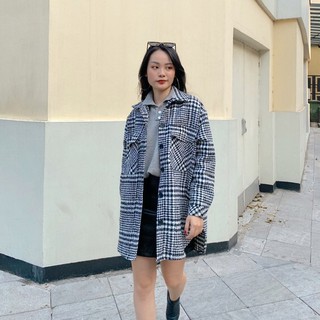𝐌𝐈𝐀 𝐑𝐈𝐓𝐓𝐀💗 Jacket Mia dạ kẻ đen-trắng dáng sơ mi túi ngực 💖Áo khoác dạ kẻ form rộng A2002