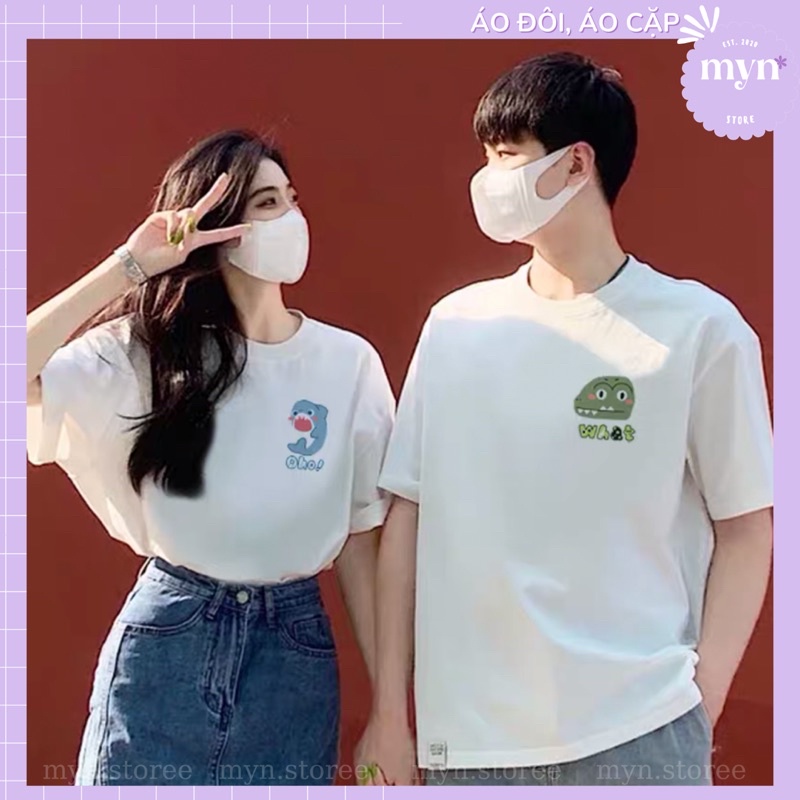 Áo thun cặp đôi nam nữ form rộng tay lỡ unisex, áo cặp bạn thân vải cotton mẫu họa tiết dễ thương