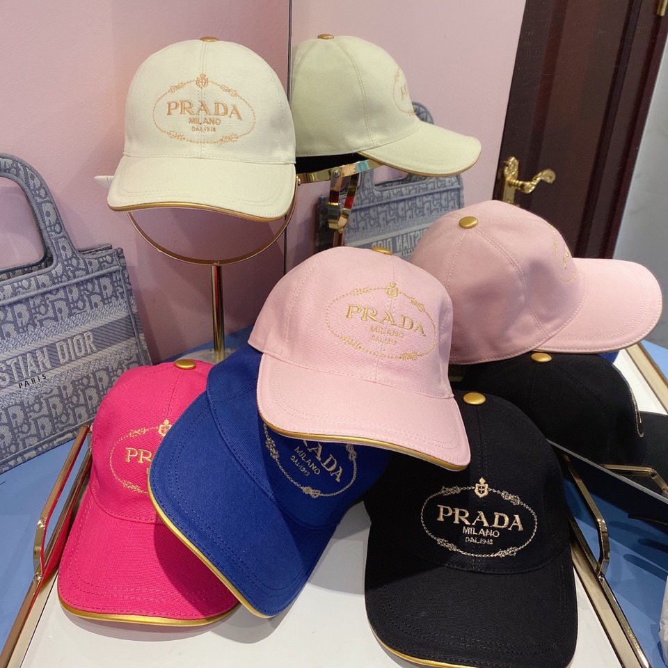 Prada Mũ bóng chày Thương hiệu PP Thêu da Mũ chống nắng Bốn mùa Mũ hoang dã Nam và nữ Mũ che nắng