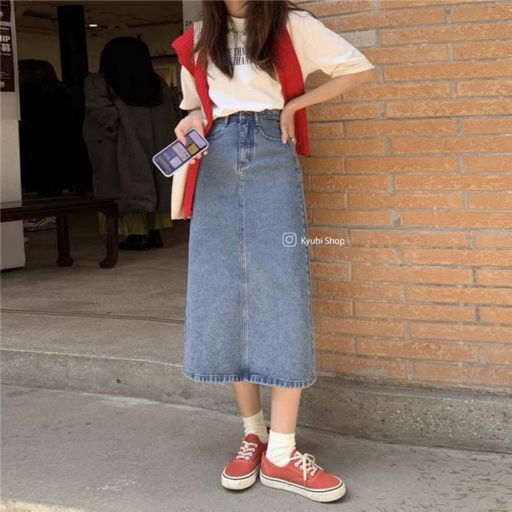 Chân váy Jean denim Midi Kyubi dài Xẻ tà Lưng cao dáng chữ A [Nhiều Mẫu] - Váy Bò dài Cạp cao Ulzzang Kyubi CVJ01