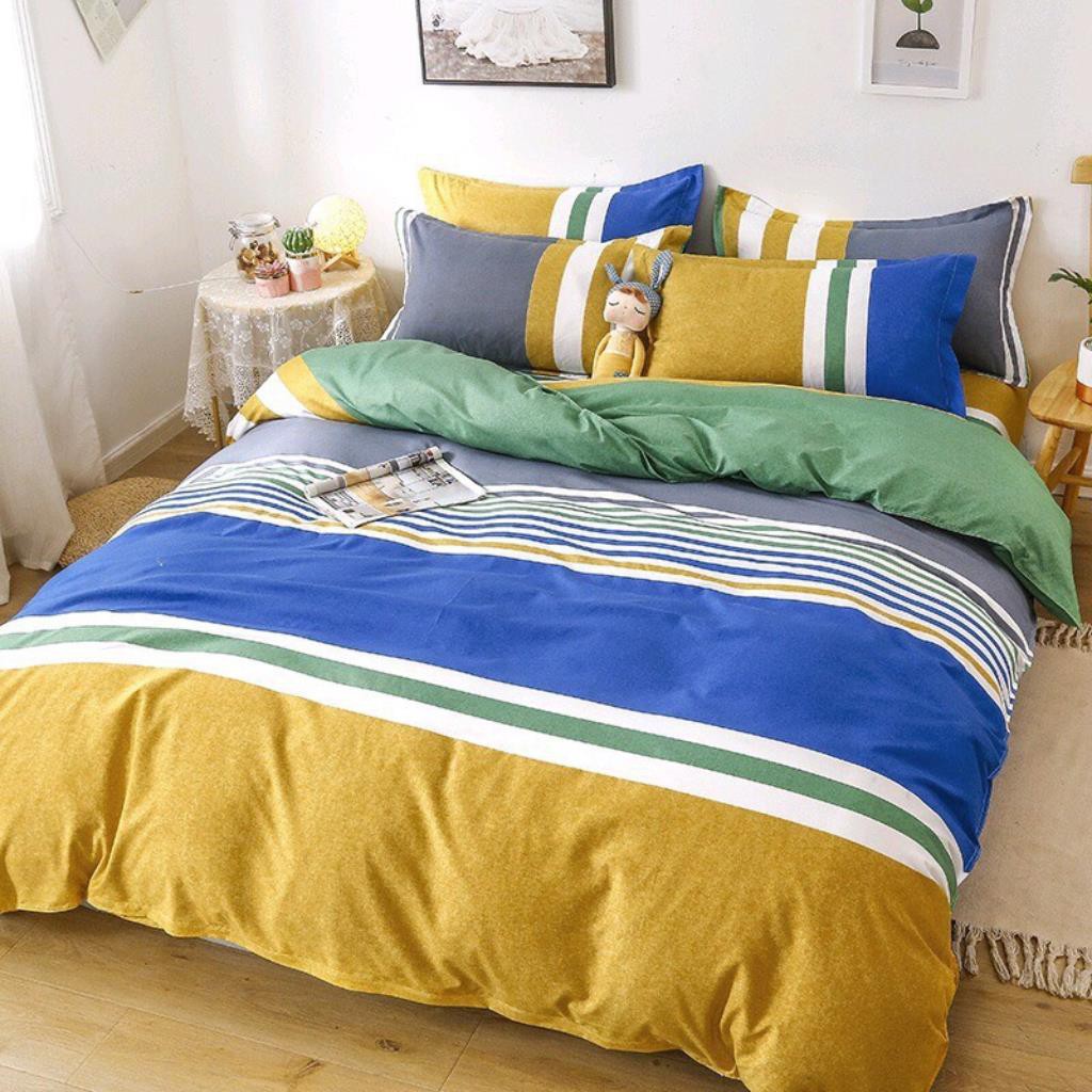 Bộ chăn ga gối drap giường chất cotton poly họa tiết kẻ mix vàng xanh