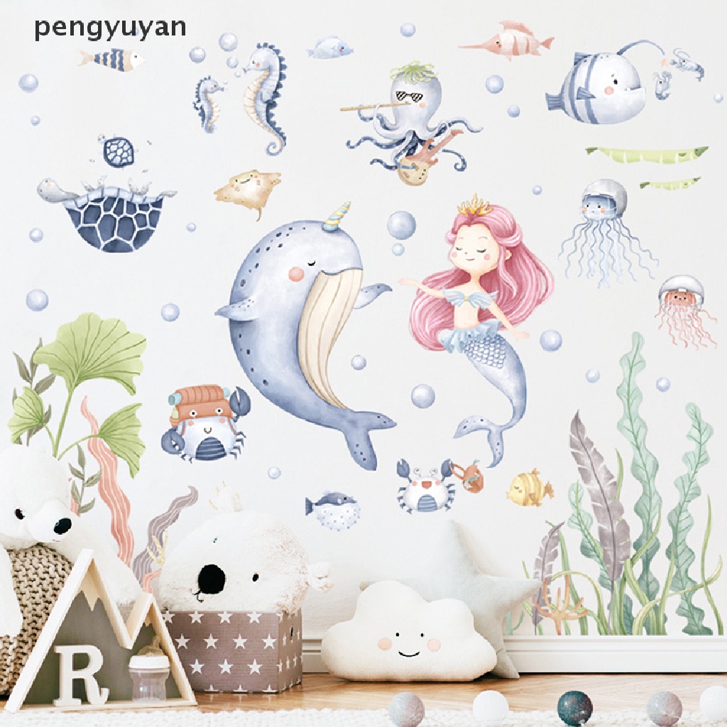 [pengyuyan] Giấy Dán Tường Hình Cá Heo / Nàng Tiên Cá Hoạt Hình Trang Trí Phòng Trẻ Em [Mới]
