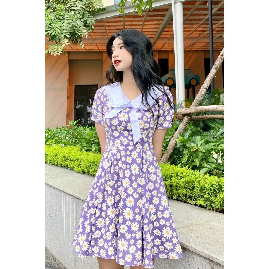 [Mã WABRWA15 giảm 15% đơn 300K] Đầm xòe họa tiết hoa hướng dương tay ngắn đính nơ cổ 20AGIAN DEW0438 | BigBuy360 - bigbuy360.vn