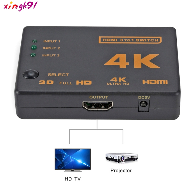 3 Port HDMI Splitter Switcher 3 In 1 Out Hub Box +Remote Auto Switch 1080P HD