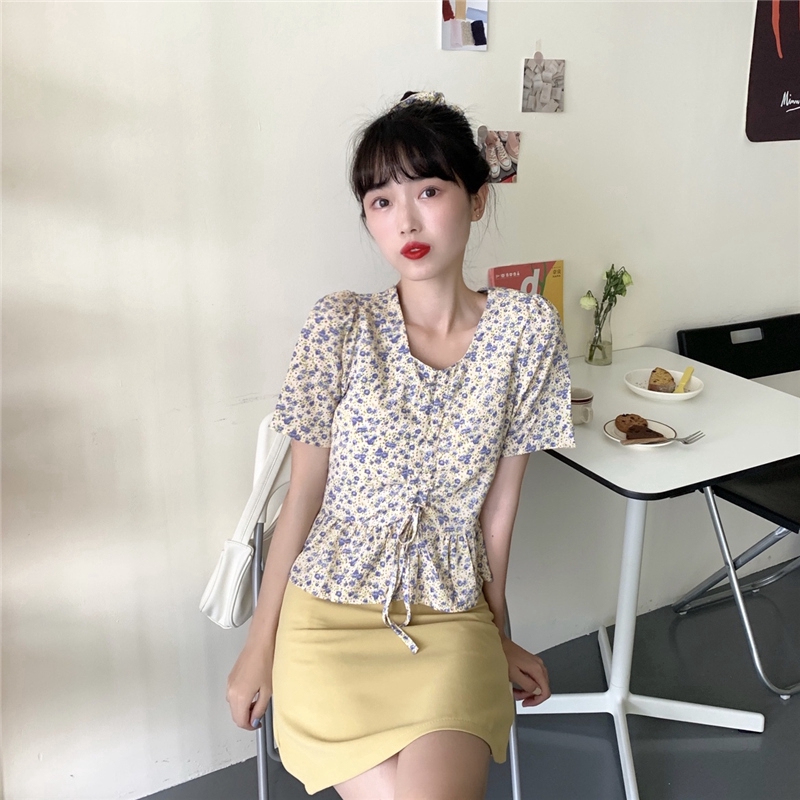 SUXI Áo Kiểu Tay Ngắn Chất Chiffon Hoạ Tiết Hoa Thời Trang Mùa Hè