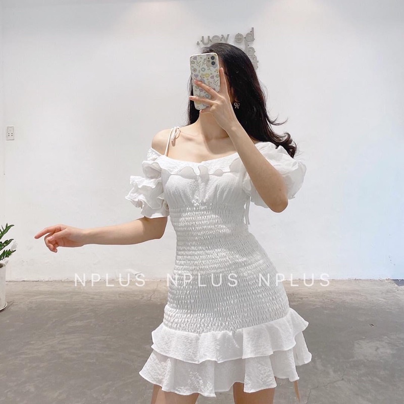 Đầm ôm body nhún bèo trễ vai