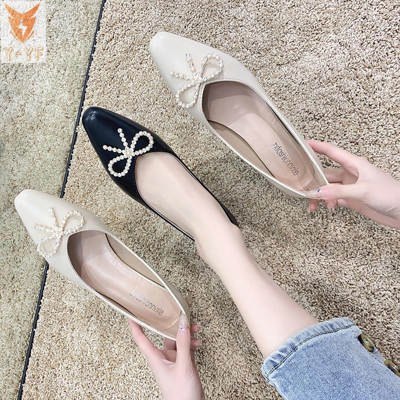 [High quality]Square toe shallow shoes women's spring 2021 new net red wild fairy style pearl bow thick heel high heels