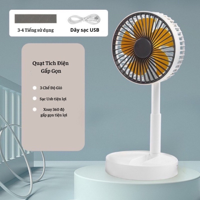 Quạt tích điện mini gấp gọn 3 chế độ giá loại 5 cánh