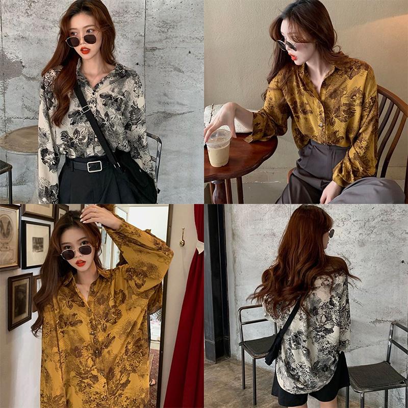 Áo Sơ Mi Tay Dài Form Rộng In Họa Tiết Trừu Tượng Phong Cách Retro Hàn Quốc Cho Nữ