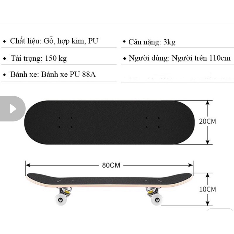 Ván trượt Skateboard, ván trượt mặt nhám, ván trượt thể thao 8 lớp gỗ.