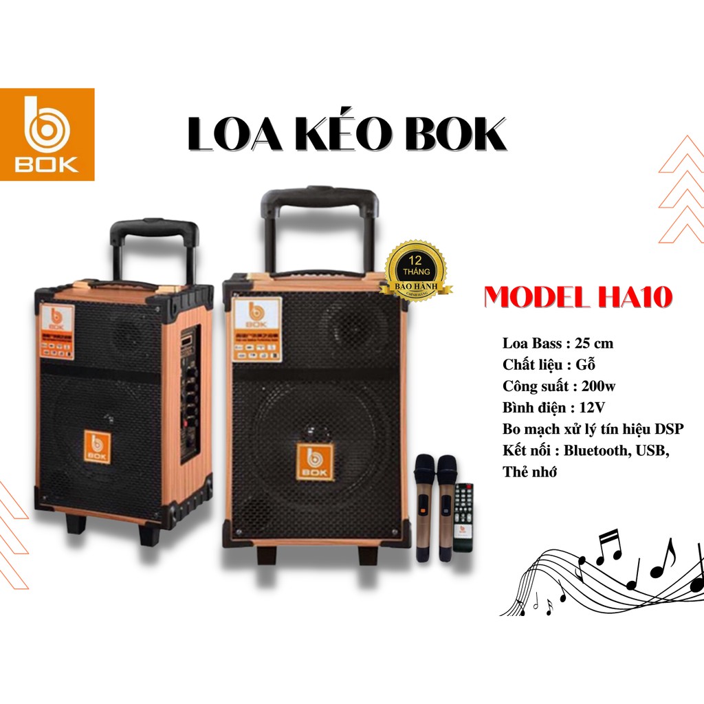 Loa kéo thùng gỗ hát karaoke, nghe nhạc, bass 2,5 tấc, bluetooth, chính hãng Bok Ha10