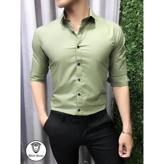 Áo Sơ Mi Màu Xanh Rêu Cổ Bẻ Hàn Quốc