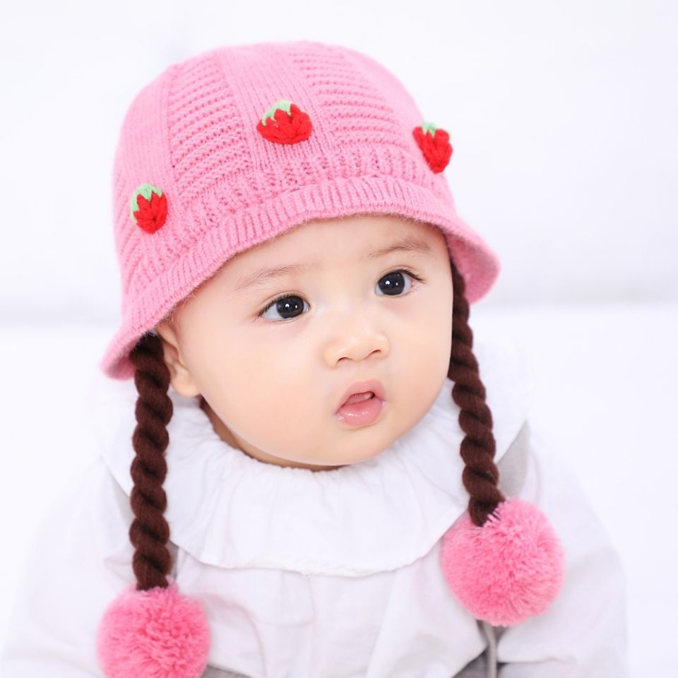 Mũ Len Bảo Vệ Tai Đính Tóc Giả Thắt Bím Cho Bé Gái