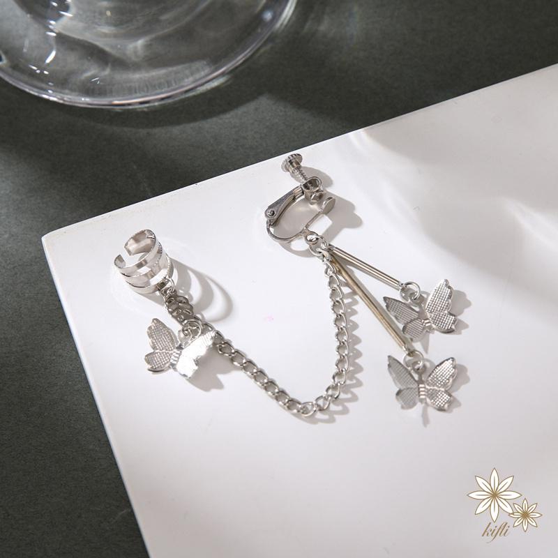🌸Khuyên kẹp tai thiết kế hình cánh bướm/ nơ/ ngôi sao kiểu chuỗi dài phối tua đính pha lê thanh lịch thời trang cho nữ