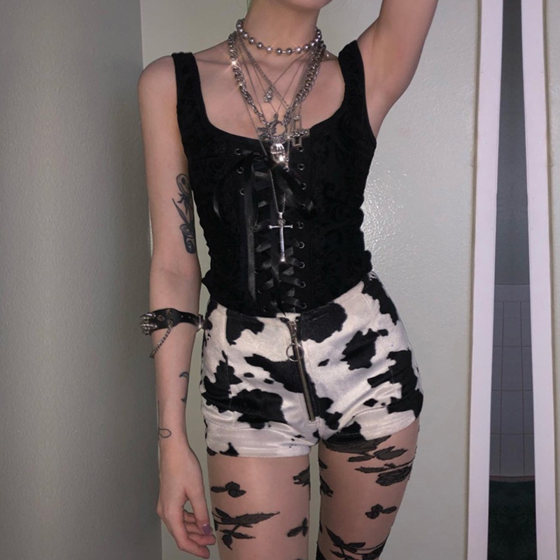 Brroa Áo Croptop Sát Nách Cổ Vuông Viền Ren Phối Dây Kéo Sau Lưng Phong Cách Gothic Quyến Rũ Cho Nữ