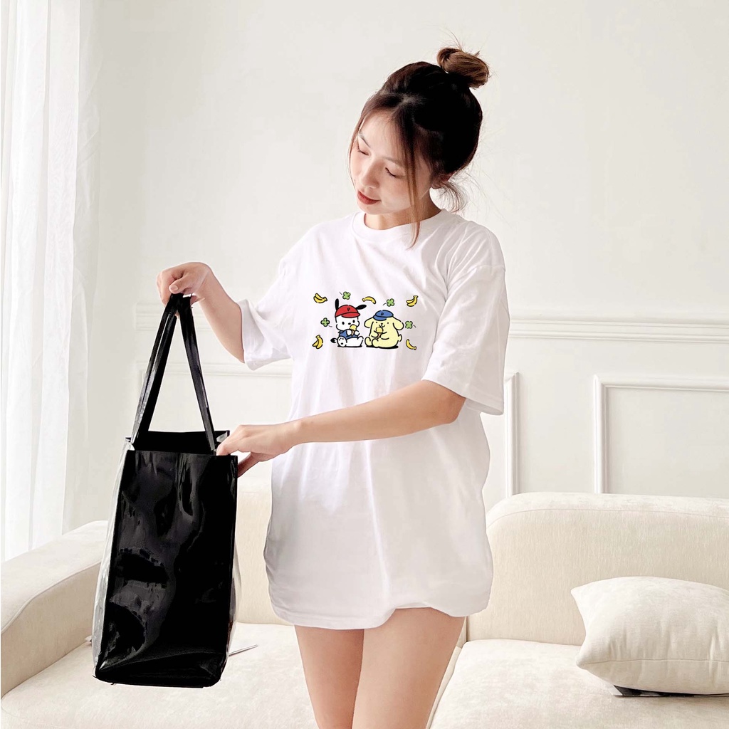 Áo thun unisex hoạt hình POCHACCO 100% cotton oversize tay lỡ form rộng