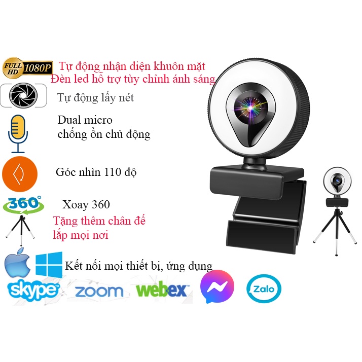 Webcam cao cấp Guava V1 pro full HD có đèn led, tặng thêm chân đế, có Micro, hỗ trợ học online hội nghị livestream