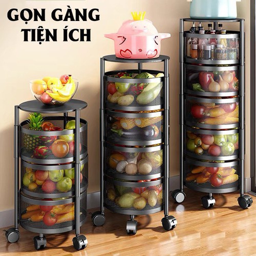 (Sẵn Hàng) Kệ nhà bếp xoay tròn đa năng CUCAK có bánh xe di chuyển, giá đựng đồ đa năng xoay 360 độ 3/4/5 tầng