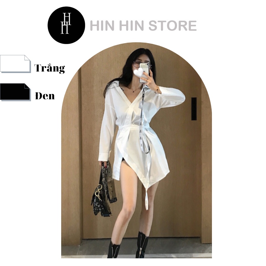 Áo sơ mi kiểu tay dài màu trắng &amp; đen HAF48 Hỉn Hỉn Store