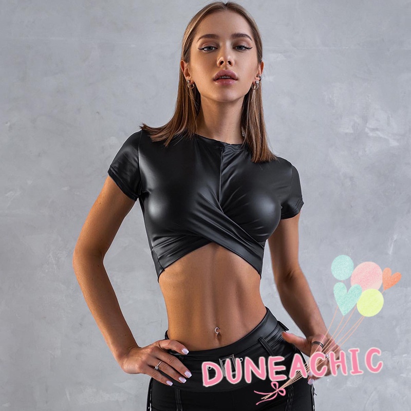 DUNEA Áo Croptop Da PU Ngắn Tay Cổ Tròn Gợi Cảm Cho Nữ