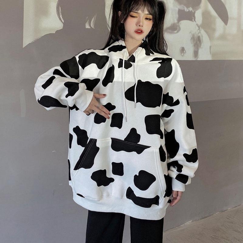 Áo Hoodie Tay Dài Form Rộng Họa Tiết Bò Sữa Đáng Yêu Phong Cách Hàn Quốc