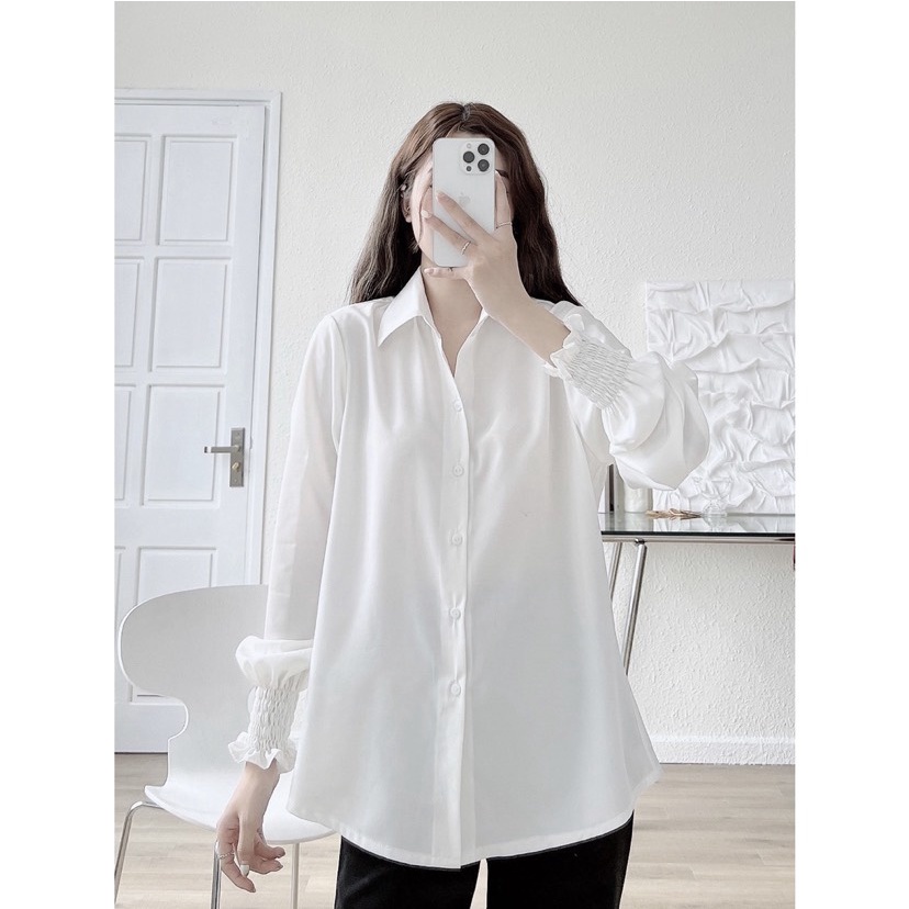 Áo sơ mi nữ dài tay bo nhún cổ tay vải lụa trắng cổ bẻ form rộng thoải mái