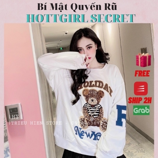 Áo dài tay nữ chất nỉ thêu họa tiết hình gấu của hottgirl secret hot nhất 2021 mã ADS11112