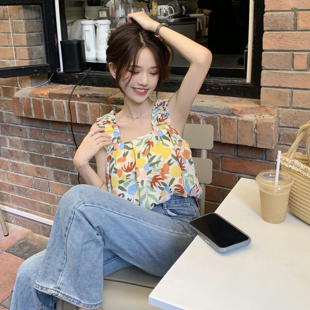 Áo Hai Dây Họa Tiết Hoa Thiết Kế Mỏng Xinh Xắn Thời Trang Dành Cho Nữ