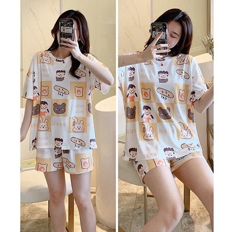SQ025 Bộ Đồ Ngủ Ngắn Tay Quần Đùi Dài Dáng Rộng In Hoạt Hình Dễ Thương Vải Cotton Cute Dành Cho Cặp Đôi