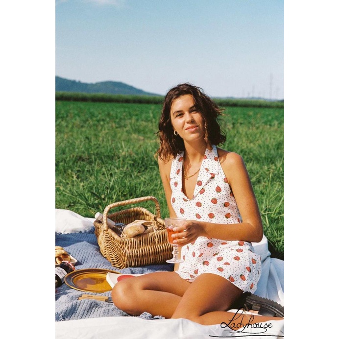 Ld-đầm Sát Nách Liền Thân Hở Lưng In Họa Tiết Quả Dâu/Hoa Thời Trang Mùa Hè Cho Nữ