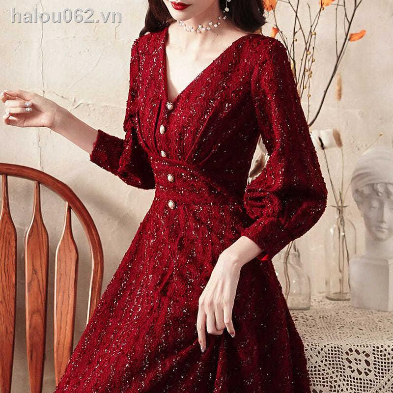 Đầm Dự Tiệc Tay Dài Cổ Chữ V Màu Đỏ Quyến Rũ Cho Nữ