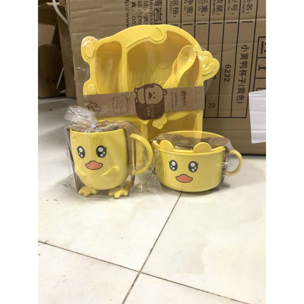 d1231 Bộ dụng cụ ăn dặm hình Vịt vàng ngộ nghĩnh làm bằng thân cây lúa mạch chịu nhiệt 80 độ C,tuyệt đối an toàn cho Bé