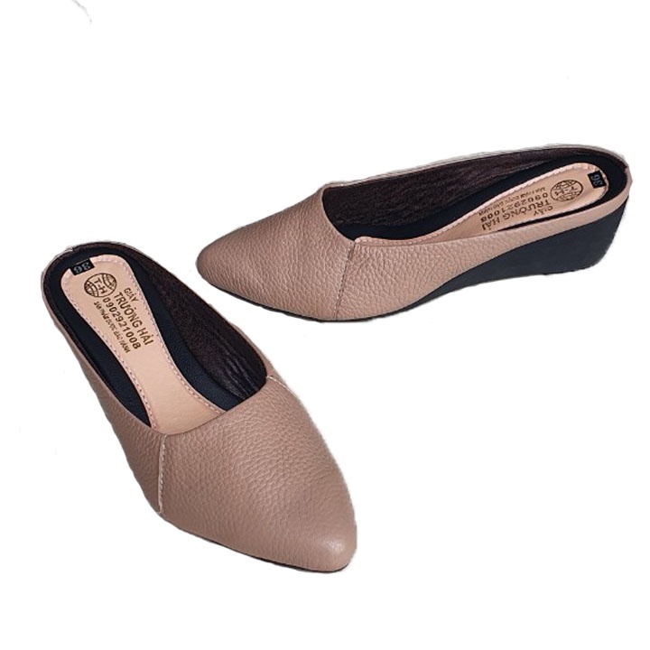 Giày sục nữ đế xuồng mũi nhọn da bò thật màu hồng SN131