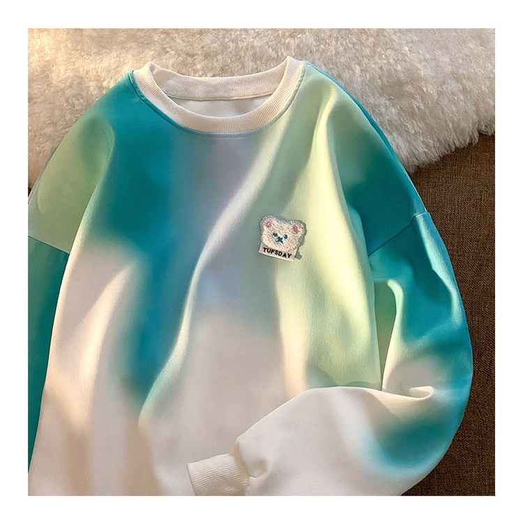 Áo sweatshirt dài tay cổ tròn nhuộm màu loang họa tiết gấu phong cách Harajuku Hàn Quốc thời trang thu đông 2022 cho nữ